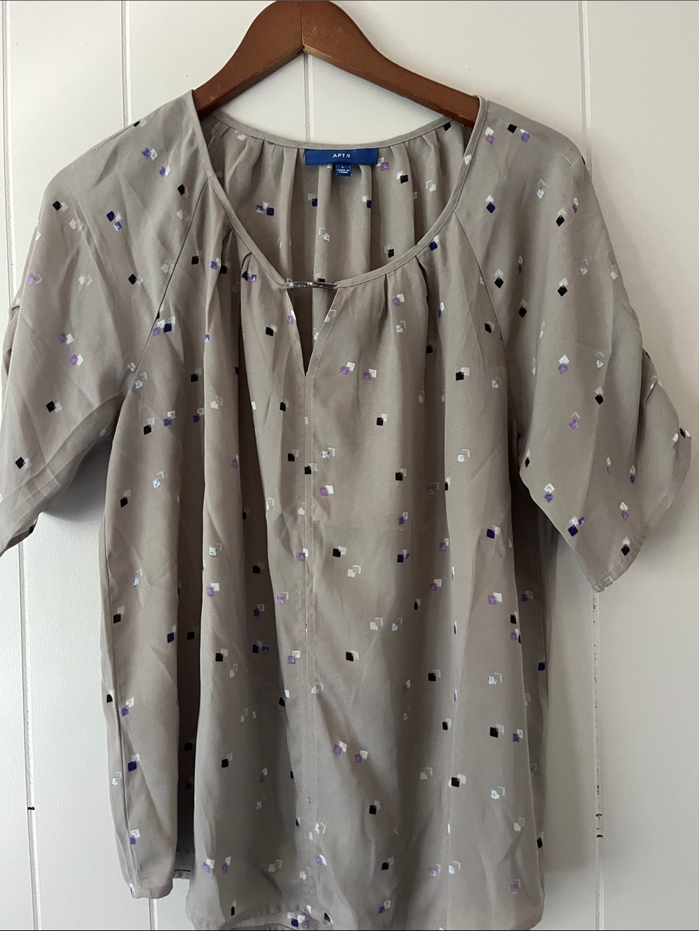 Apt. 9 Taupe Blouse with Black, Purple & White Square Print